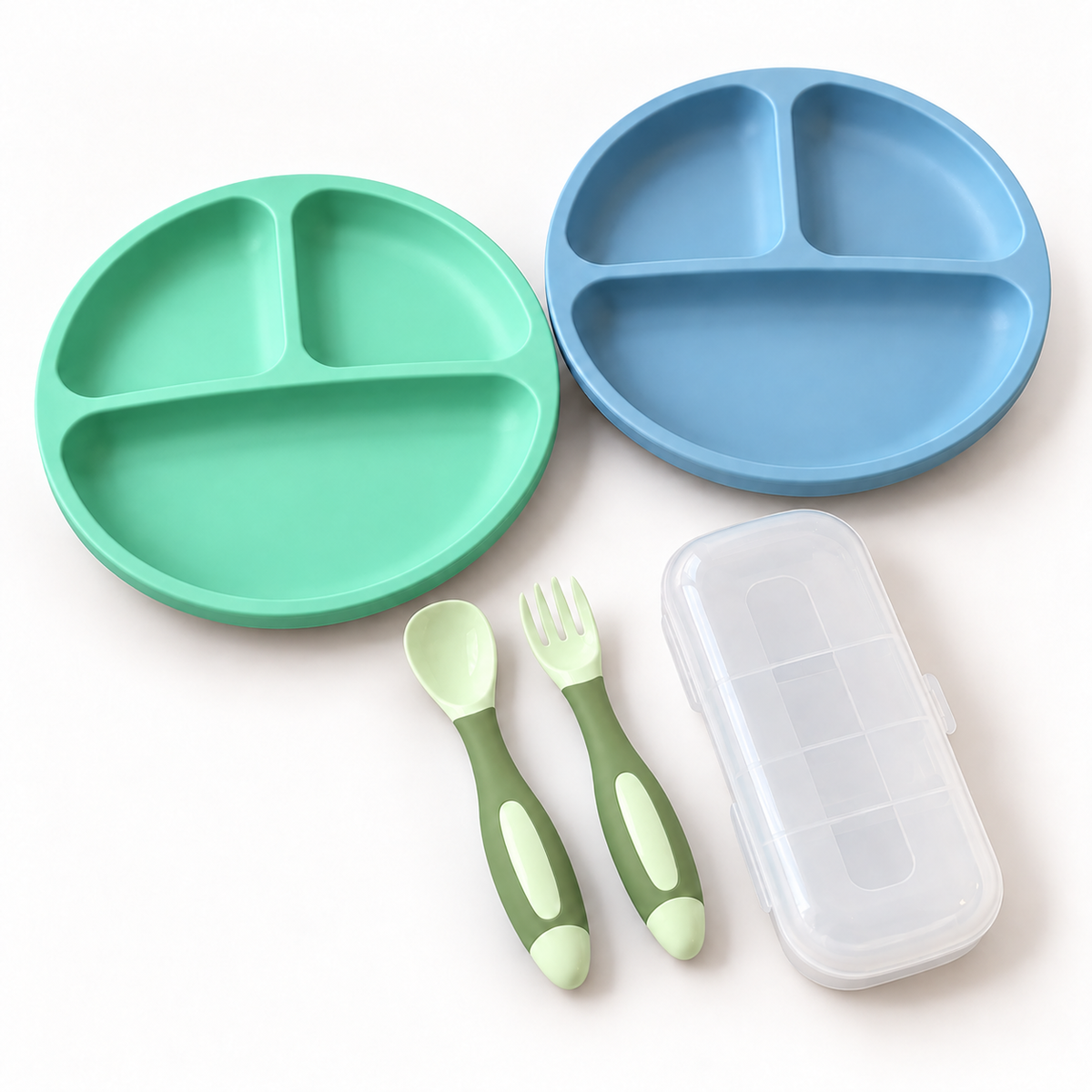Set de 2 platos de silicona con ventosa + cuchara y tenedor de aprendizaje