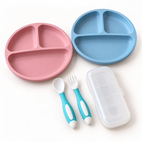 Set de 2 platos de silicona con ventosa + cuchara y tenedor de aprendizaje