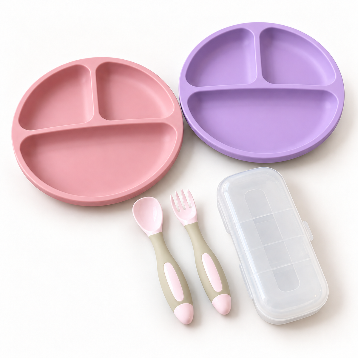 Set de 2 platos de silicona con ventosa + cuchara y tenedor de aprendizaje