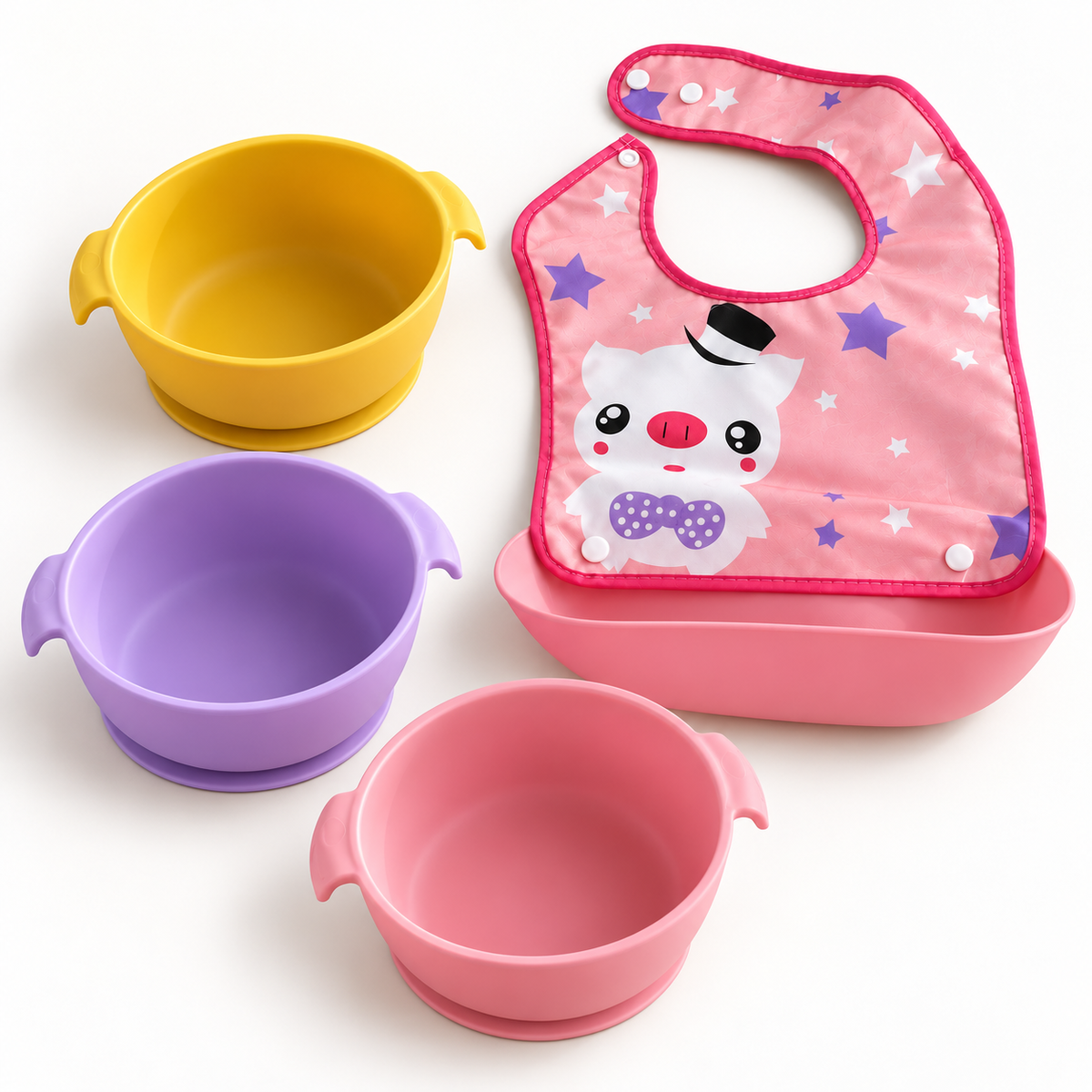Set de 3 bols de silicona con ventosa + babero – el regalo útil para bebé (BLW)