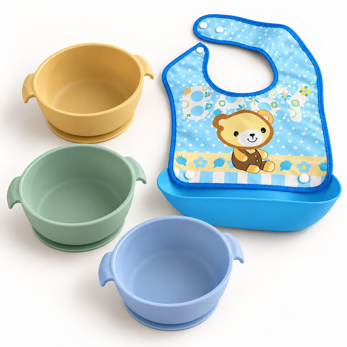 Set de 3 bols de silicona con ventosa + babero – el regalo útil para bebé (BLW)