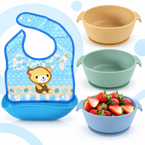 Set de 3 bols de silicona con ventosa y babero impermeable, variante azul - Bluet B