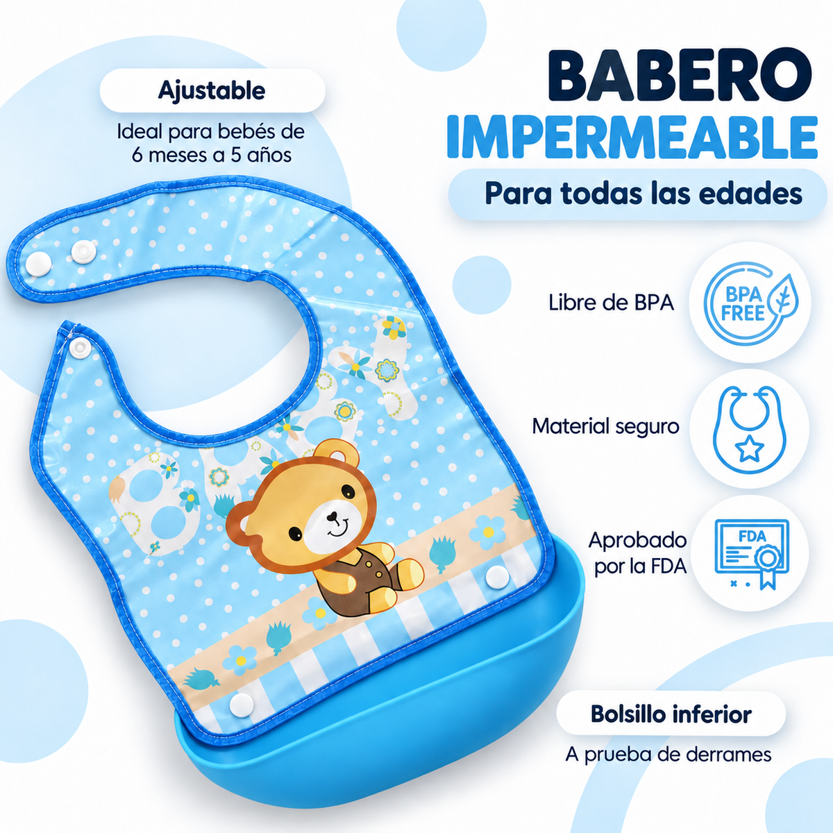 Detalles del babero impermeable ajustable con bolsillo recogemigas - libre de BPA