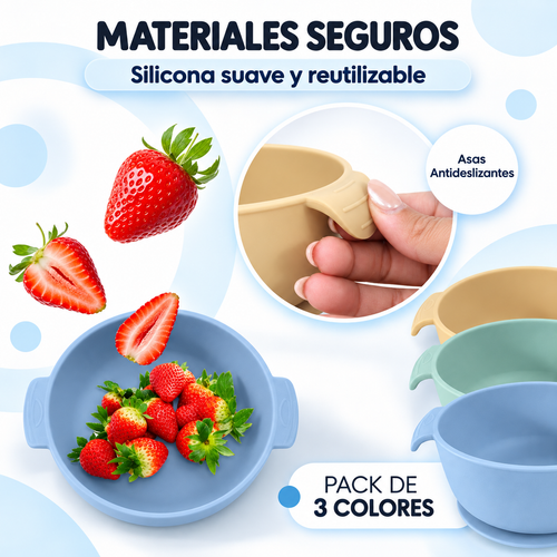 Los 3 colores del pack de bols de silicona con asas antideslizantes - Bluet B