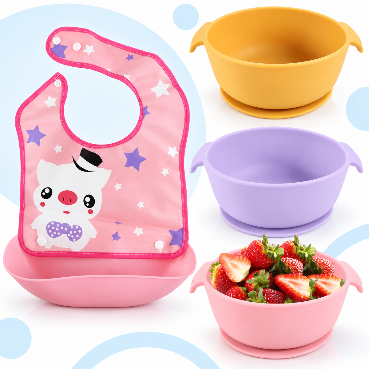 Set de 3 bols de silicona con ventosa y babero impermeable, variante rosa - Bluet B