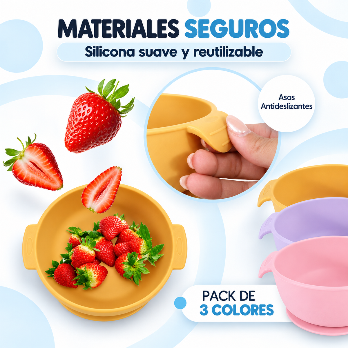 Pack de 3 bols de silicona en 3 colores - materiales seguros