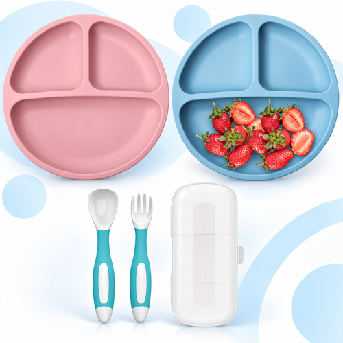Set de 2 platos de silicona con ventosa + cuchara y tenedor + estuche, azul y rosa - Bluet B