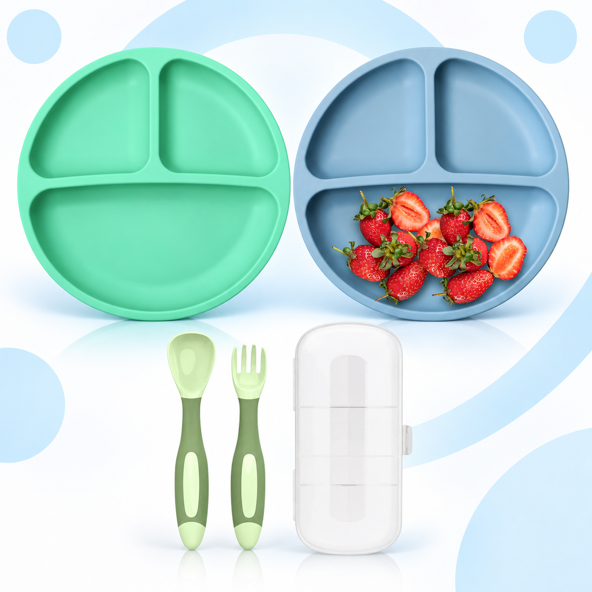 Set de 2 platos de silicona con ventosa + cuchara y tenedor + estuche, azul y verde - Bluet B