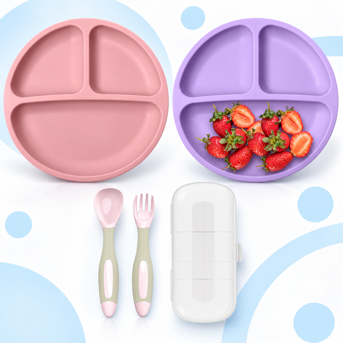 Set de 2 platos de silicona con ventosa + cuchara y tenedor + estuche, morado y rosa - Bluet B