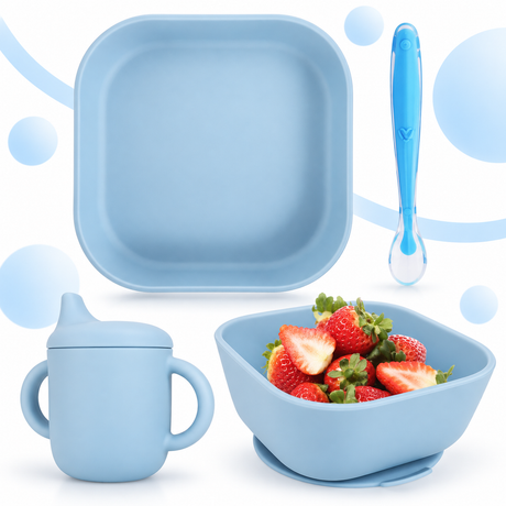 Set de 4 piezas de silicona para bebé: plato, bol, vaso y cuchara