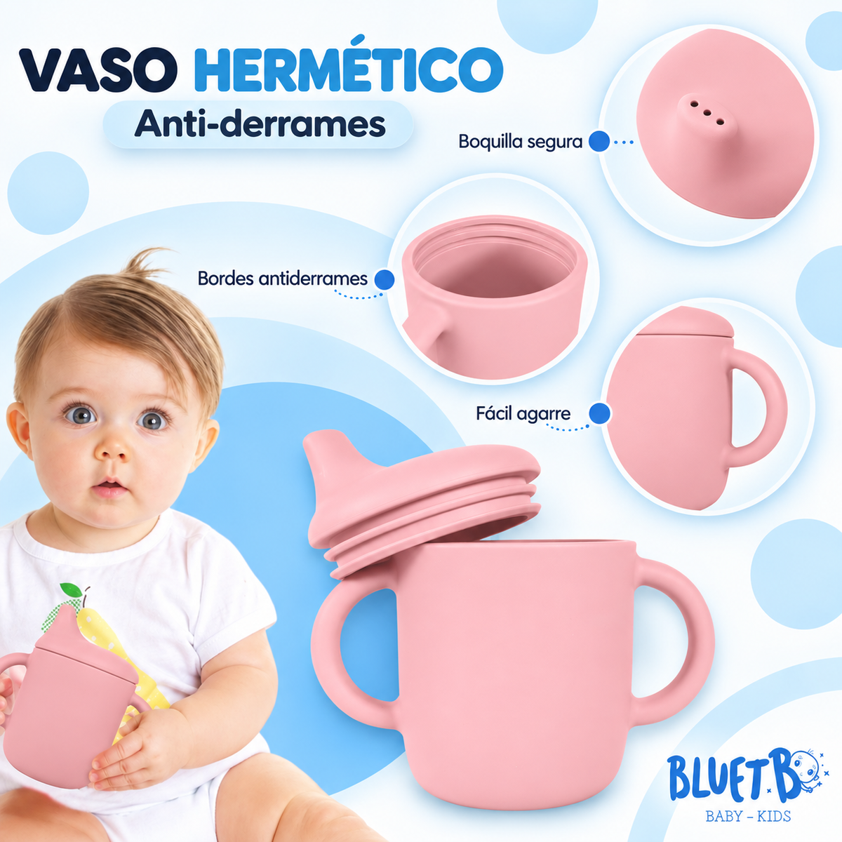 Detalle del plato con 3 compartimentos y bol con ventosa en rosa - libre de BPA