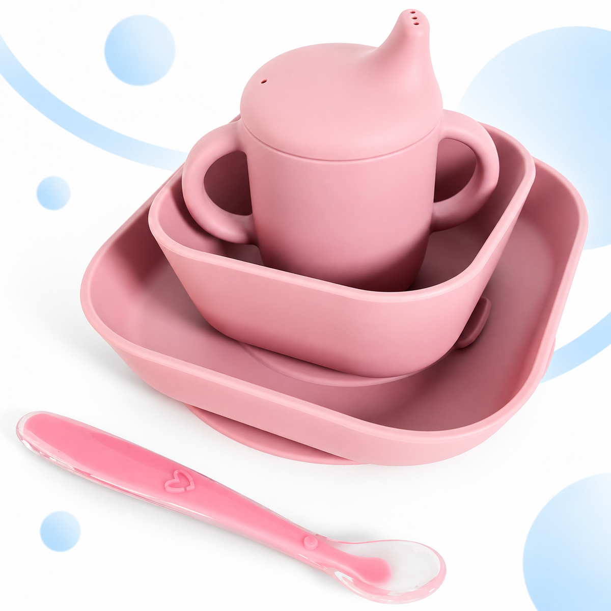 El set completo apilado en rosa: plato, bol, vaso con pajita y cuchara - Bluet B
