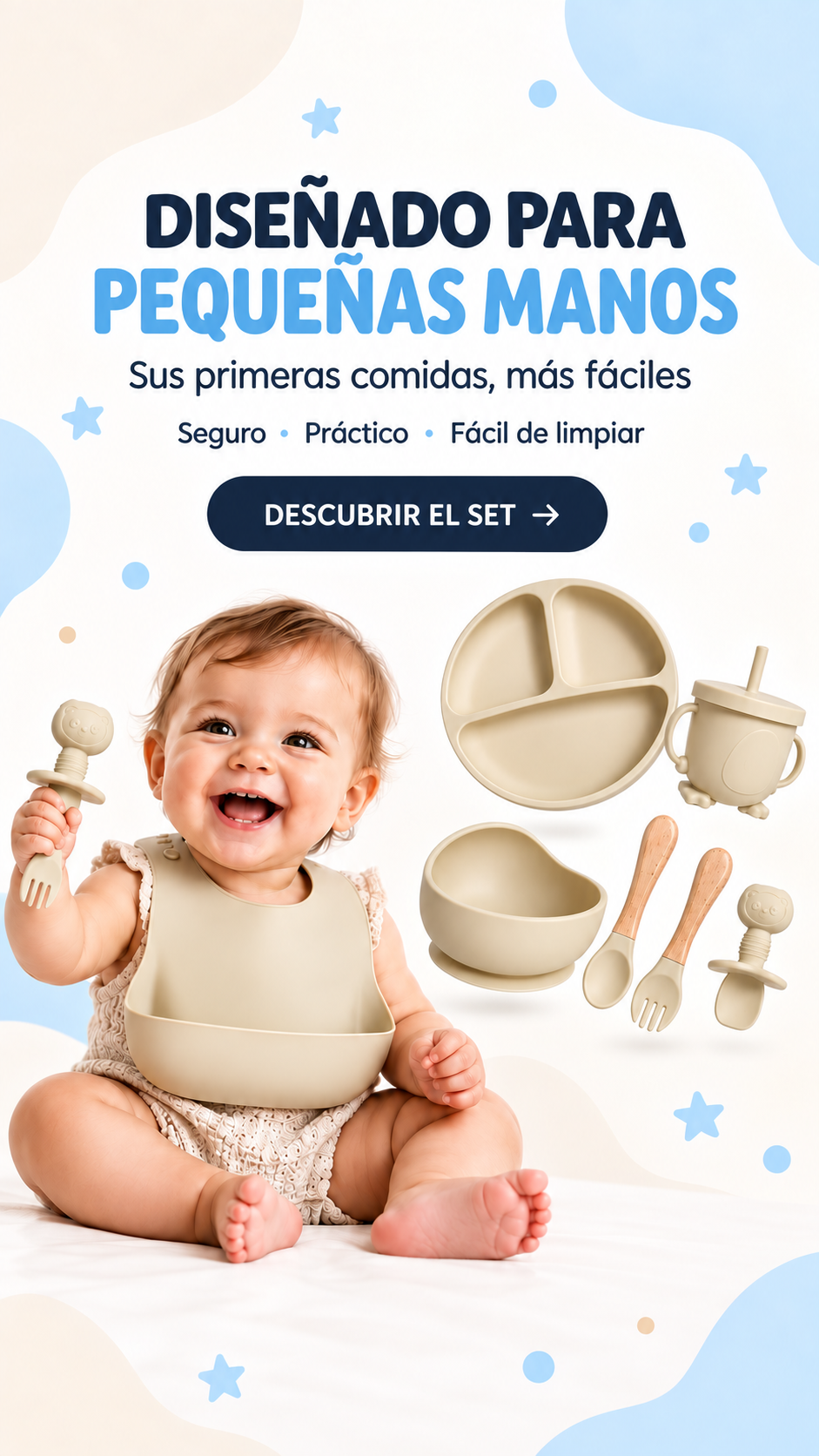 Bebé sonriendo junto al set de vajilla de silicona Bluet B para alimentación complementaria