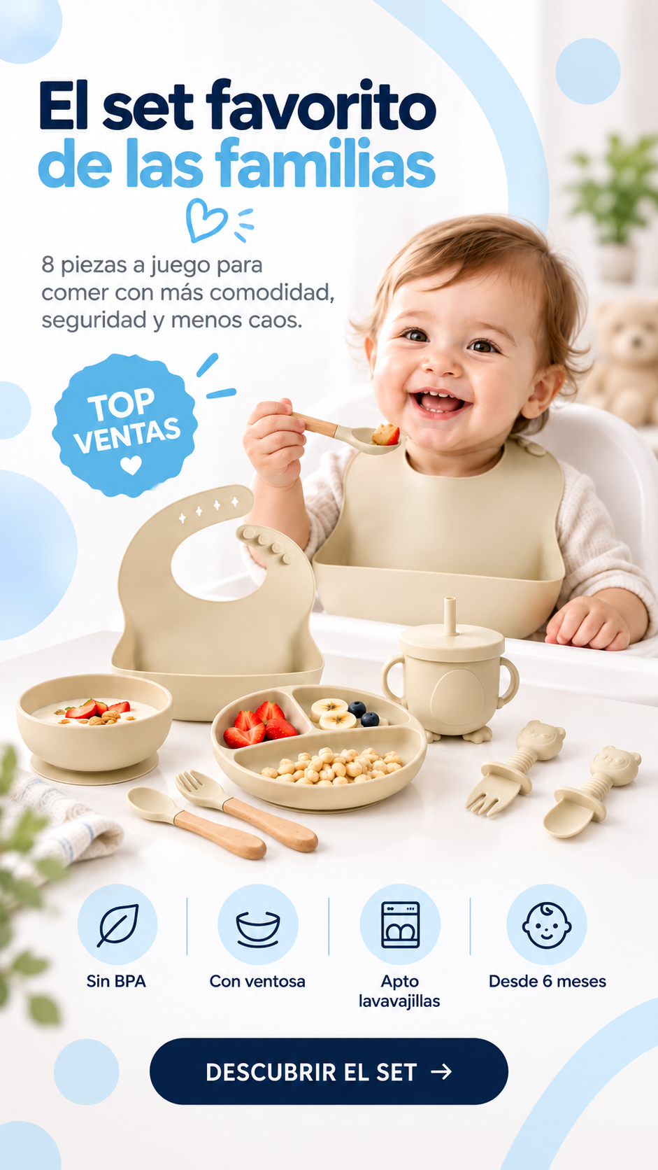 Bebé comiendo con el set de vajilla de silicona de 8 piezas Bluet B, ideal para baby shower